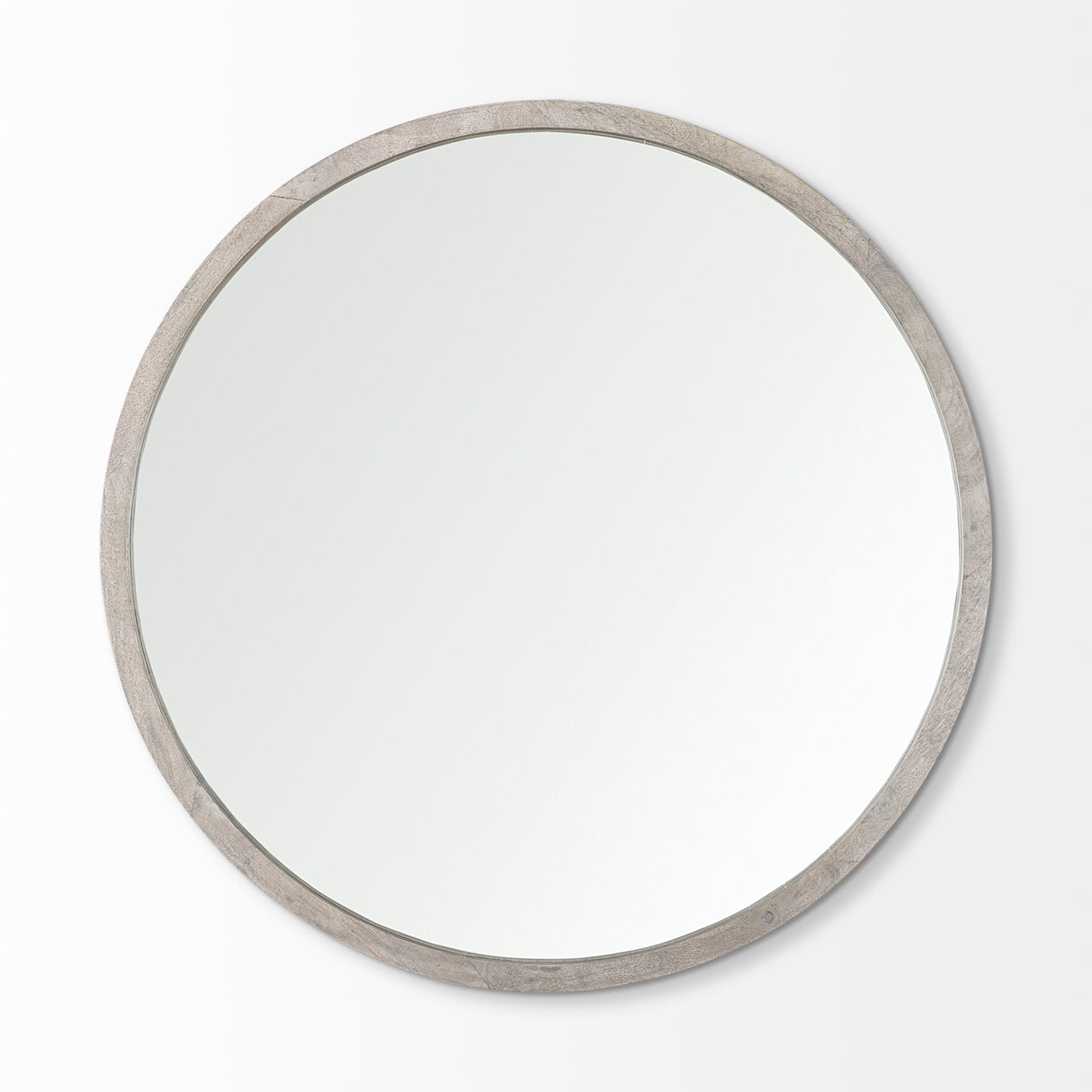 Gambit 46" Round Gray Wash Wood Frame Wall Mirror from Mercana - Luna Furniture