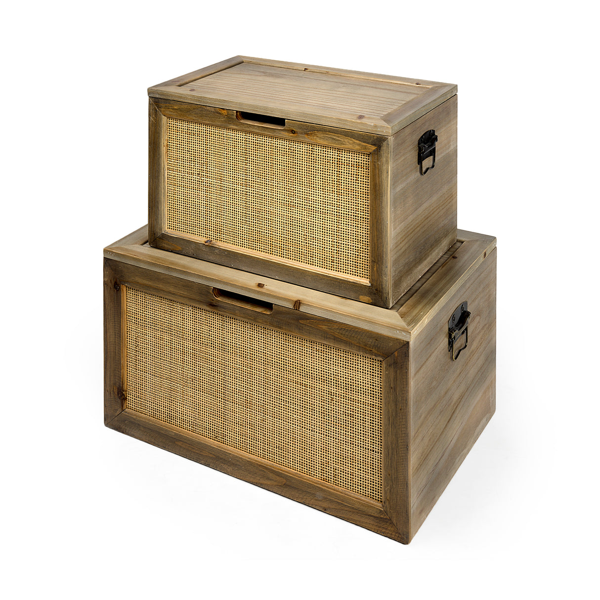 Sonny 23.6L x 15.7W x 13.8H Set of Two Brown Wood and Wicker W/ Metal Detail Rectangular Boxes from Mercana - Luna Furniture