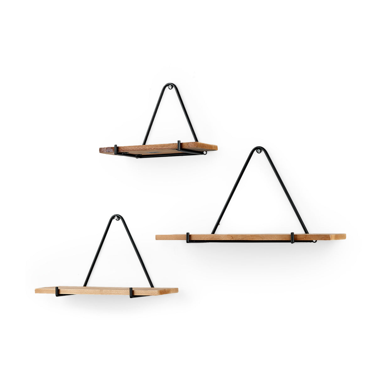 Khufu 18.9L x 5.5W x 10.2H Set of Three Brown Wood W/ Black Metal Triangular Hanging Shelves from Mercana - Luna Furniture