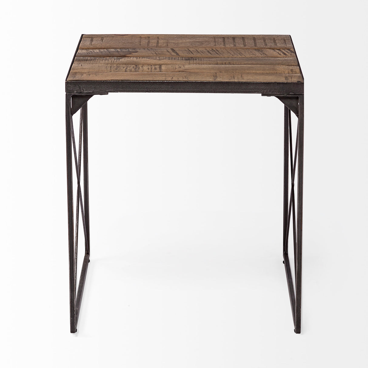 Trestman II 24" x 22.5" Square Top Medium Brown Wood and Iron Cross Braced End/Side Table from Mercana - Luna Furniture
