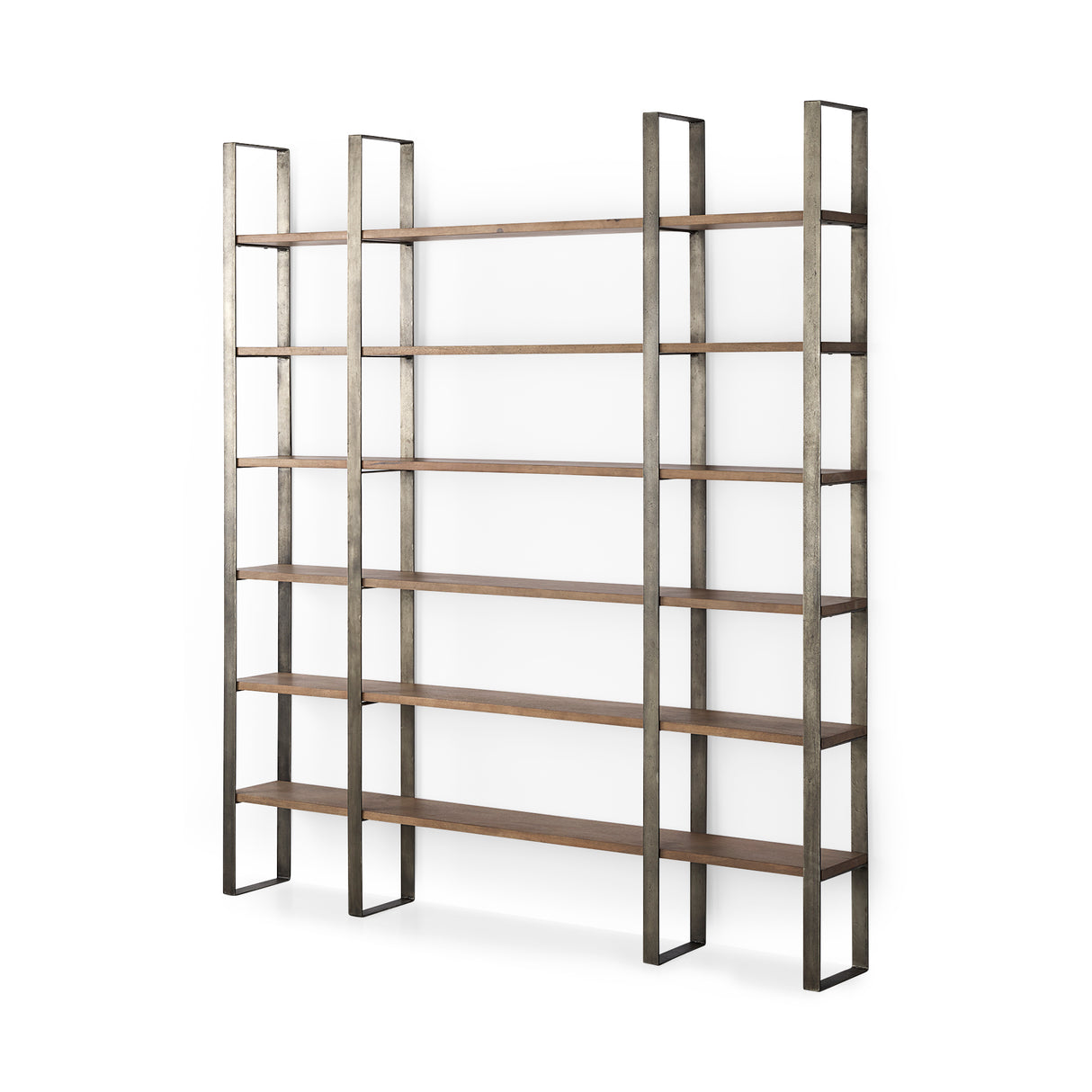 Taunton 80L x 10.5W x 90H Medium Brown Wood W/ Antique Nickel Metal Frame 6 Tier Shelving Unit from Mercana - Luna Furniture