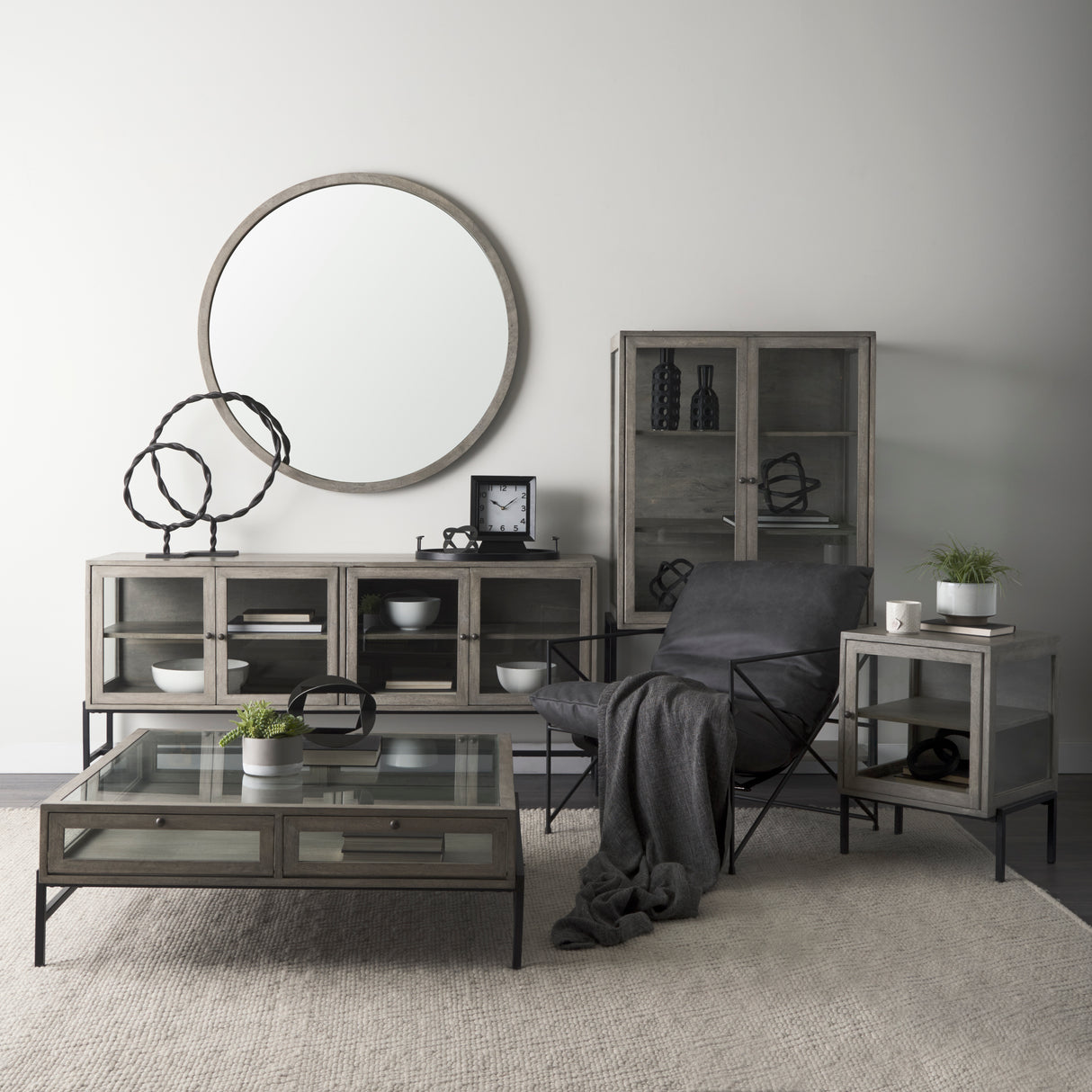 Gambit 46" Round Gray Wash Wood Frame Wall Mirror from Mercana - Luna Furniture