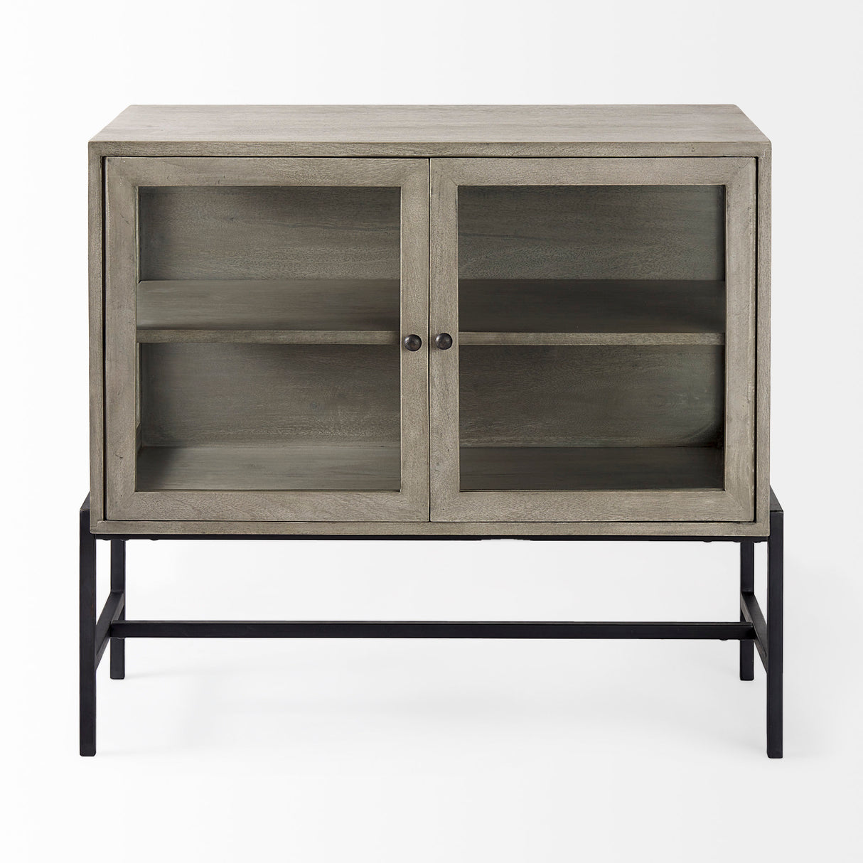 Arelius 36L x 18W x 32H Gray Wood, Black Metal Base w/ 2 Glass Doors Accent Cabinet from Mercana - Luna Furniture