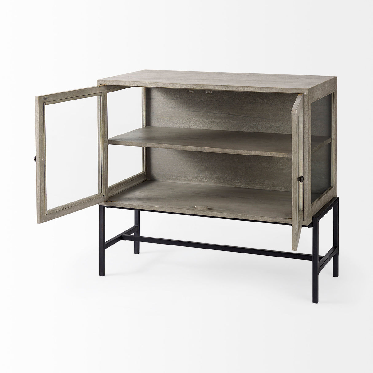 Arelius 36L x 18W x 32H Gray Wood, Black Metal Base w/ 2 Glass Doors Accent Cabinet from Mercana - Luna Furniture