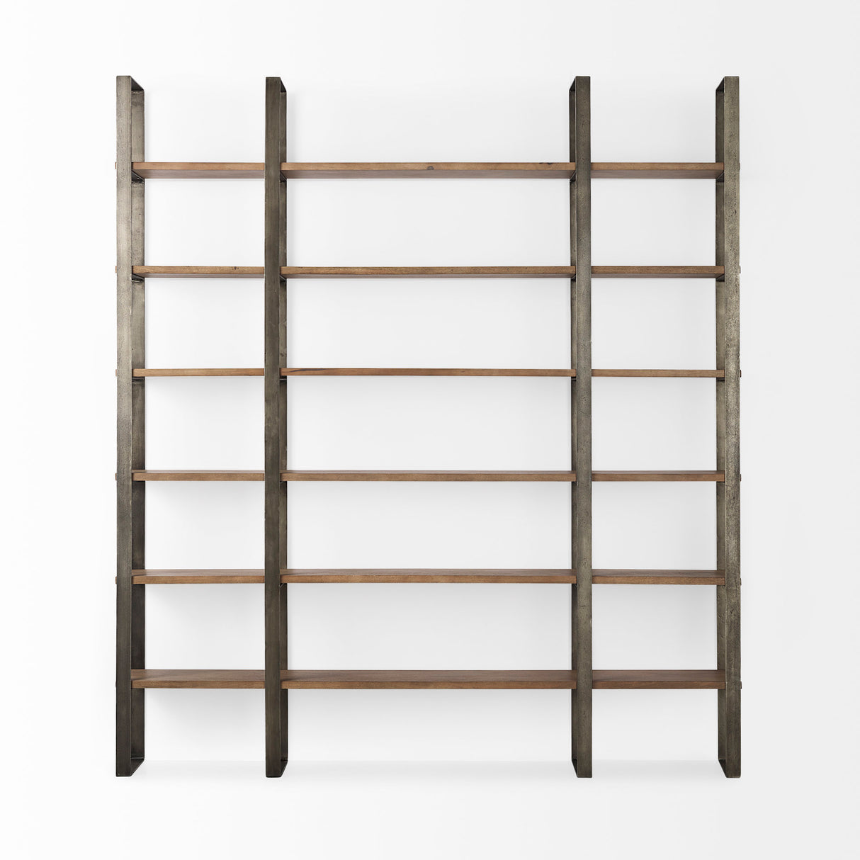 Taunton 80L x 10.5W x 90H Medium Brown Wood W/ Antique Nickel Metal Frame 6 Tier Shelving Unit from Mercana - Luna Furniture