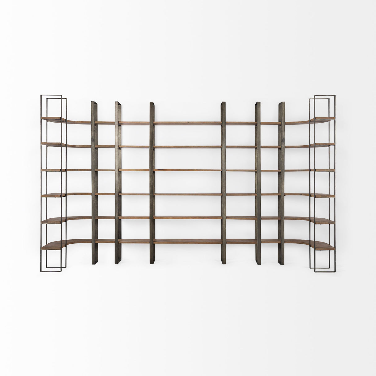 Taunton 80L x 10.5W x 90H Medium Brown Wood W/ Antique Nickel Metal Frame 6 Tier Shelving Unit from Mercana - Luna Furniture