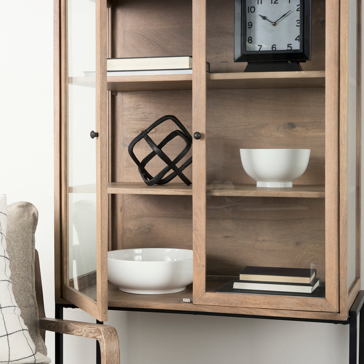 Arelius 36L x 18.75W x 63H Light Brown Wood W/ Black Metal Base Display Cabinet from Mercana - Luna Furniture