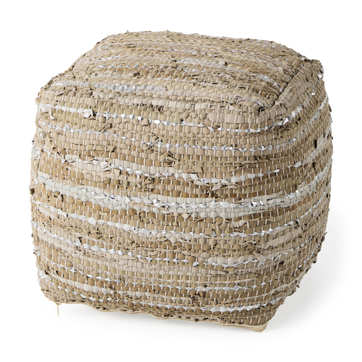Aadhya 16.0L x 16.0W x 16.0H Taupe/Silver Leather and Cotton Pouf from Mercana - Luna Furniture