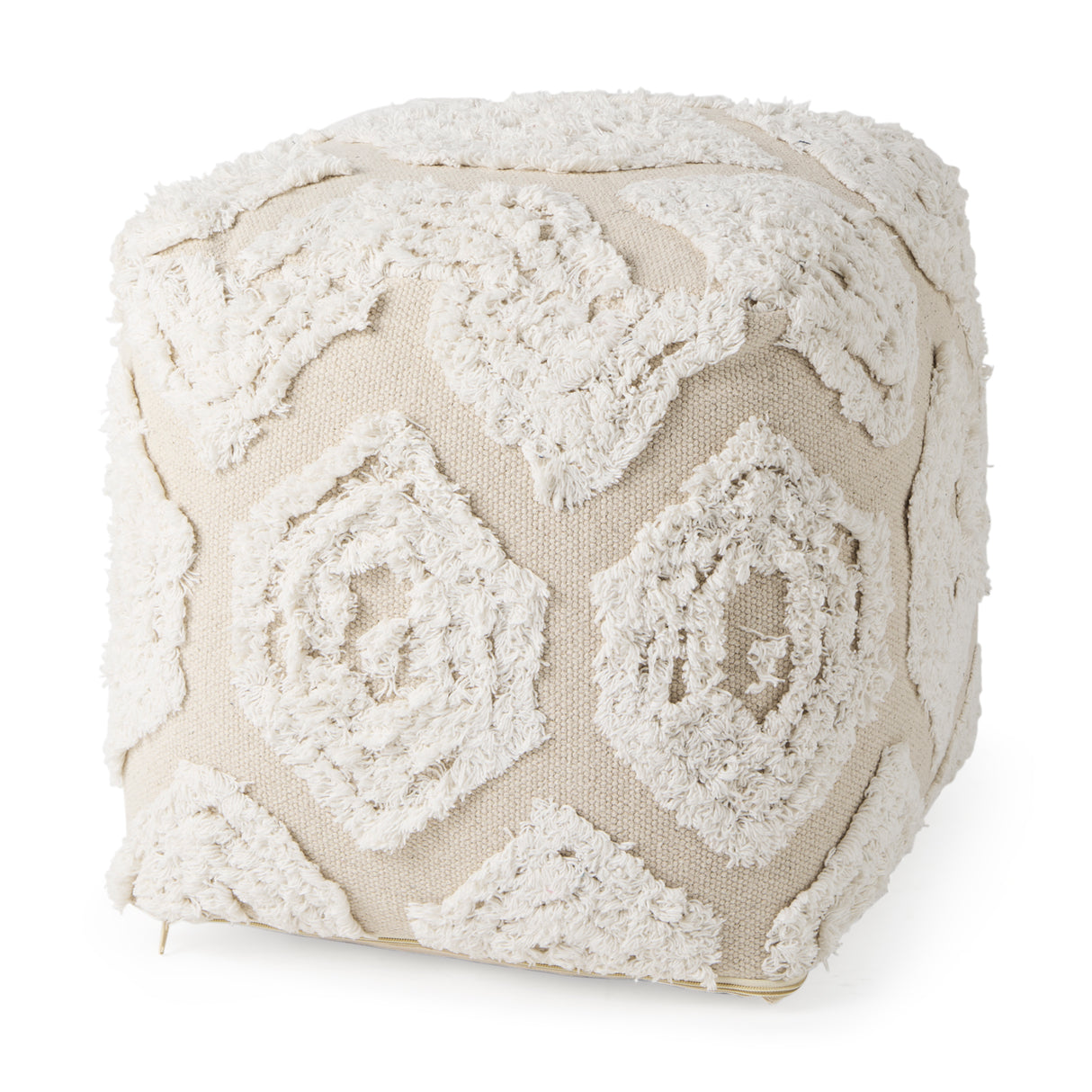 Ekanta 16.0L x 16.0W x 16.0H Cream/Beige Patterned Cotton Pouf from Mercana - Luna Furniture