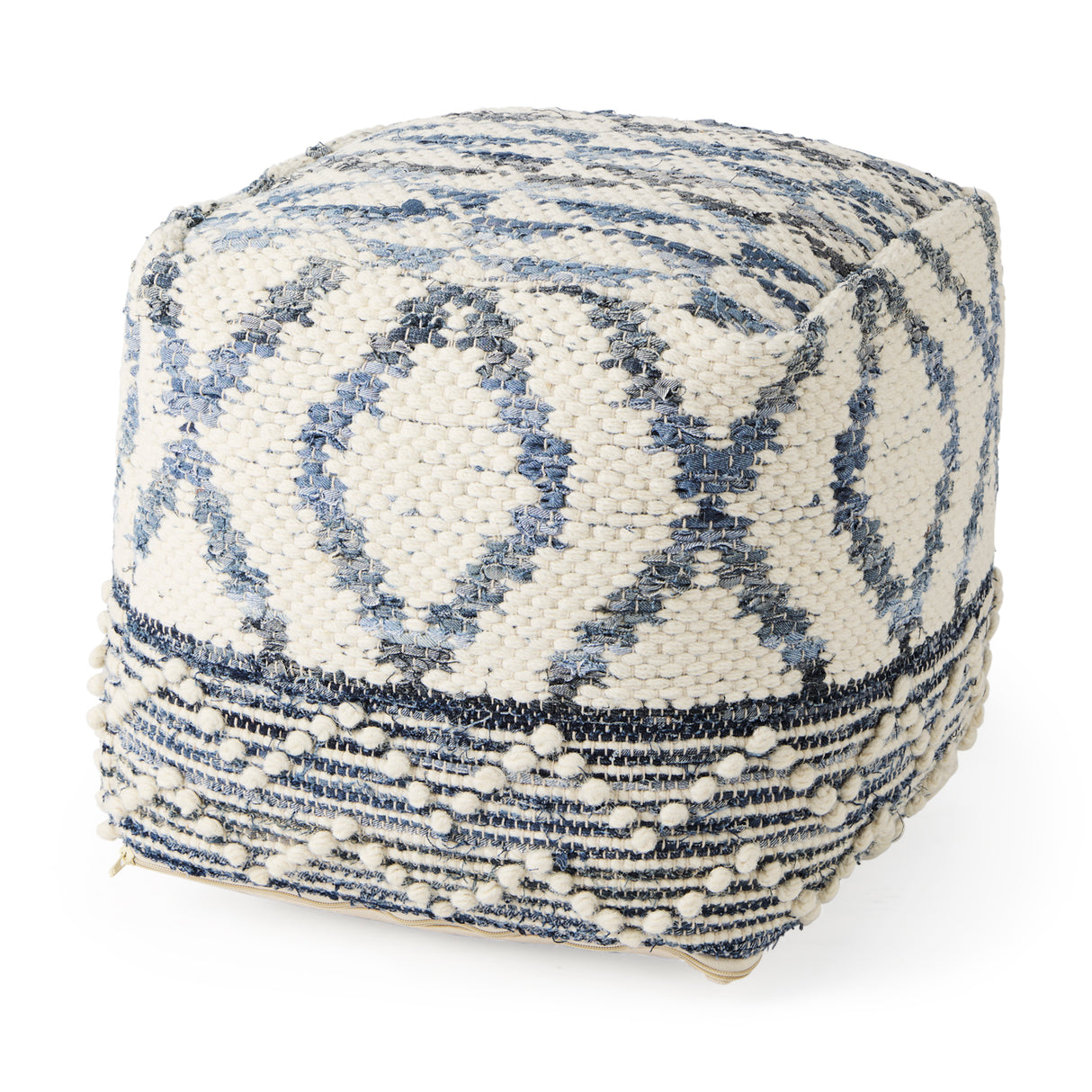 Eshana 16.0L x 16.0W x 16.0H Cream Wool and Denim Patterned Pouf from Mercana - Luna Furniture