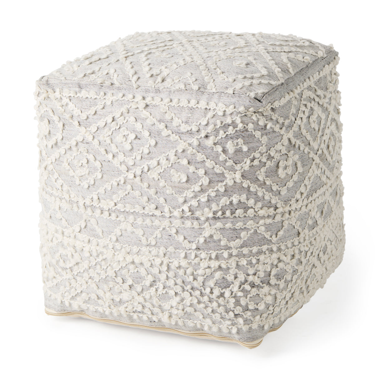 Farida 6.0L x 16.0W x 16.0H Light Gray Wool and Polyester Patterned Pouf from Mercana - Luna Furniture