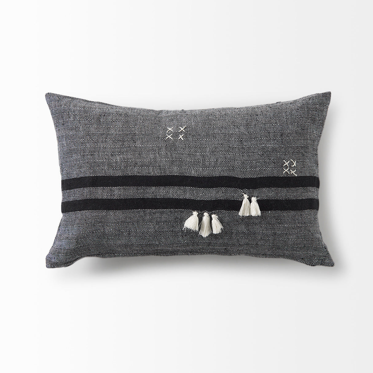 Sibyl 13L x 21W Black Fabric Striped and White Fringed Decorative Pillow Cover from Mercana - Luna Furniture