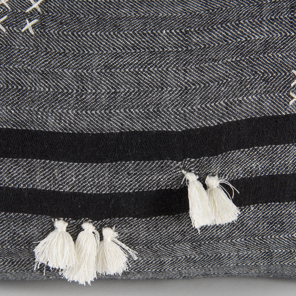 Sibyl 13L x 21W Black Fabric Striped and White Fringed Decorative Pillow Cover from Mercana - Luna Furniture