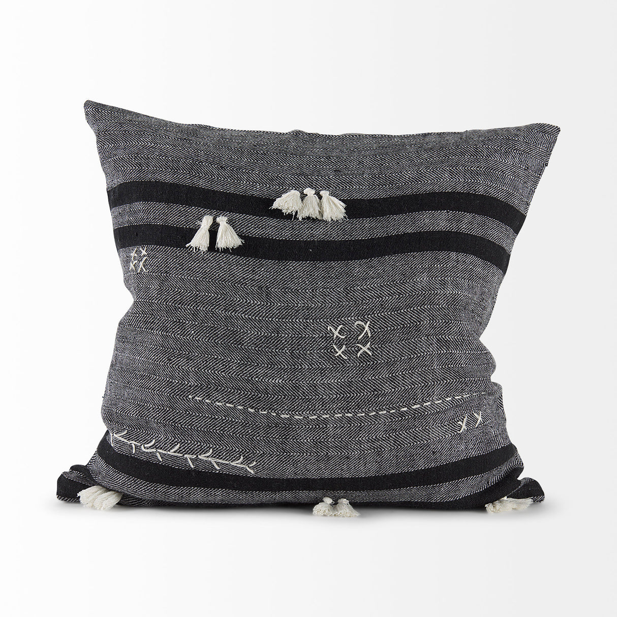 Sibyl 18L x 18W Black Fabric Striped and White Fringed Decorative Pillow Cover from Mercana - Luna Furniture