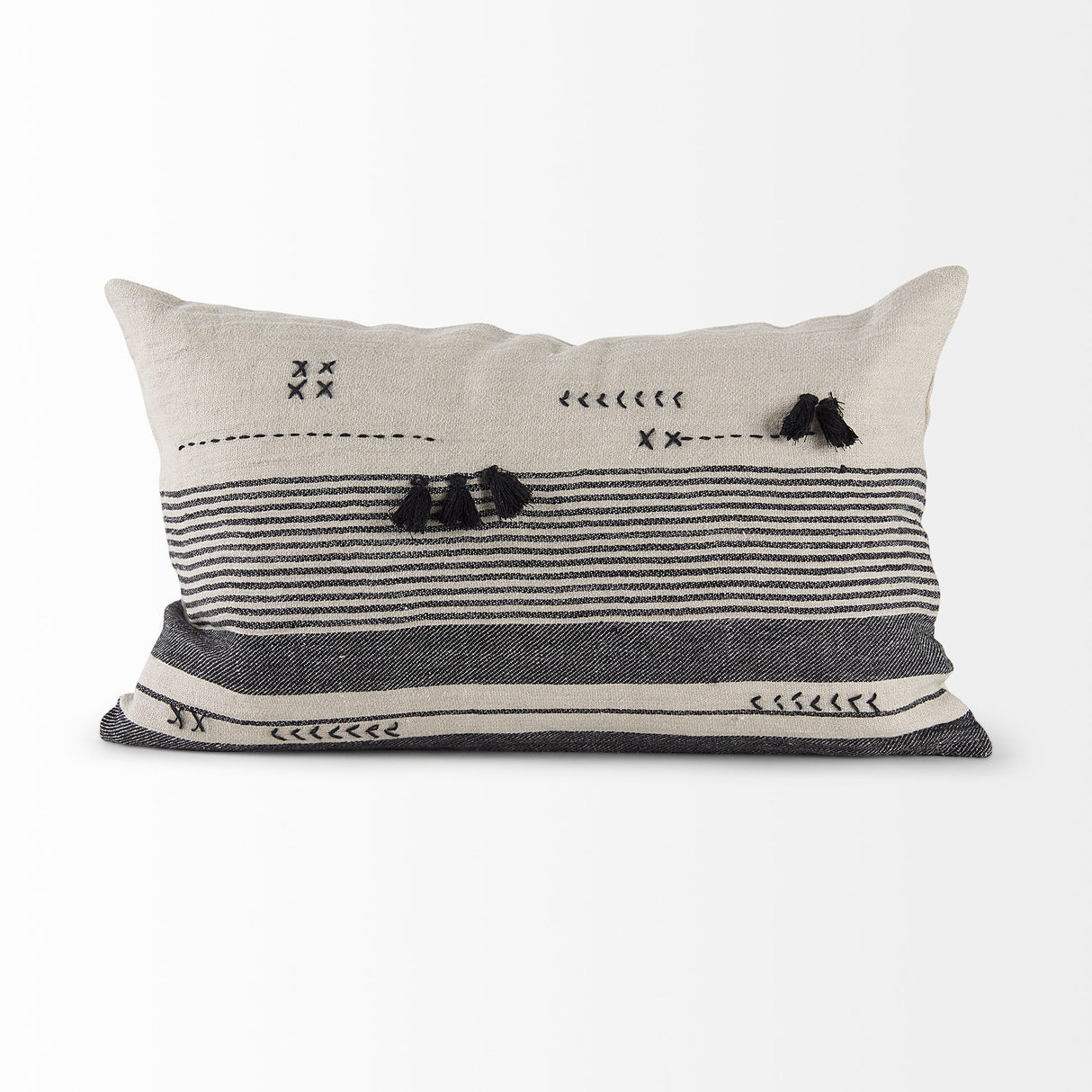 Thalia 13L x 21W Black and Beige Fabric Striped and Fringed Decorative Pillow Cover from Mercana - Luna Furniture