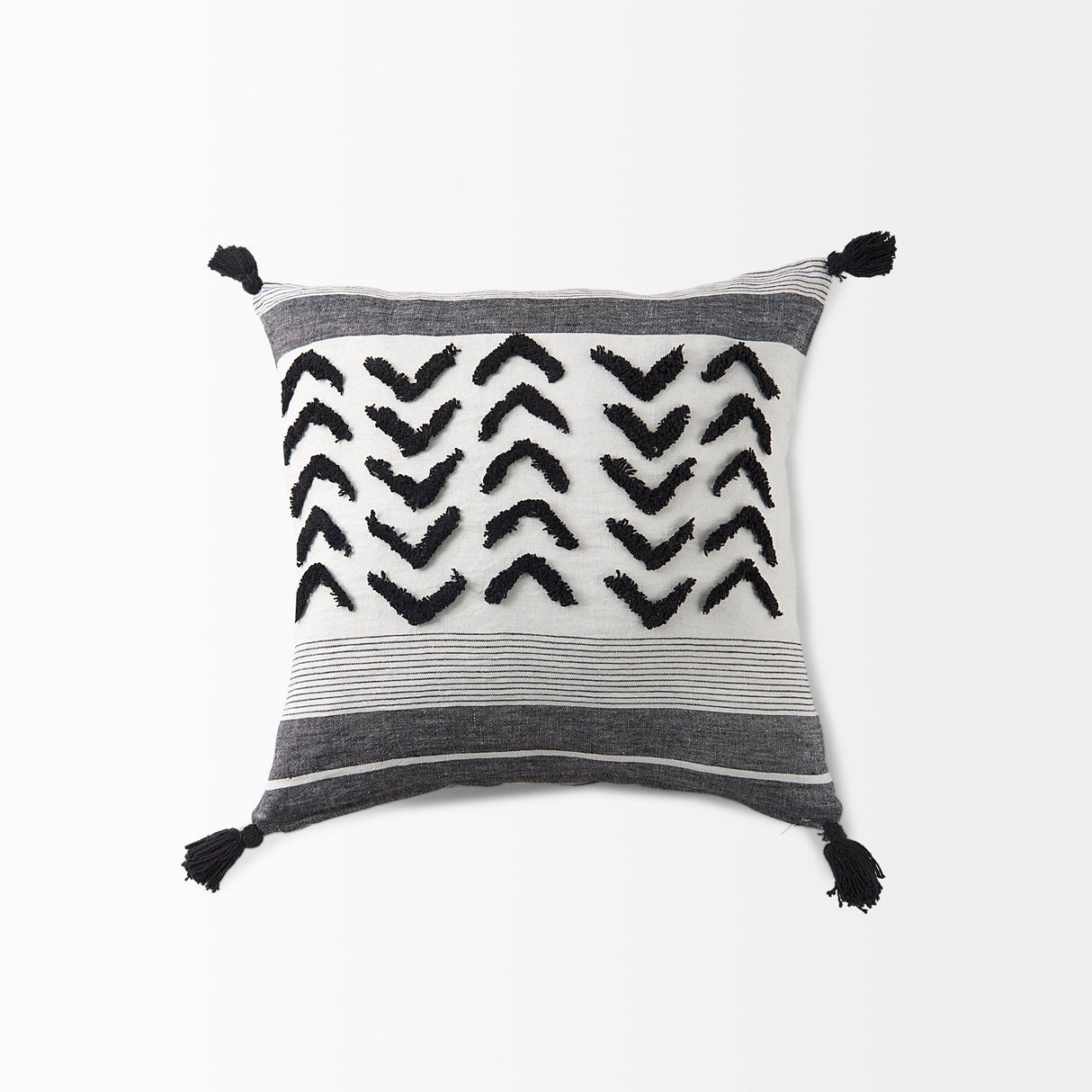 Kimia 20L x 20W White and Black Fabric Herringbone and Fringed Decorative Pillow Cover from Mercana - Luna Furniture
