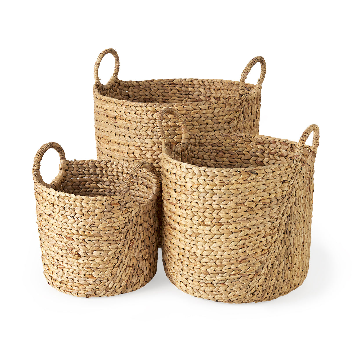 Sivan 19.7L x 19.7W x 23.6H (Set of 3) Light Brown Water Hyacinth Round Basket W/ Handles from Mercana - Luna Furniture