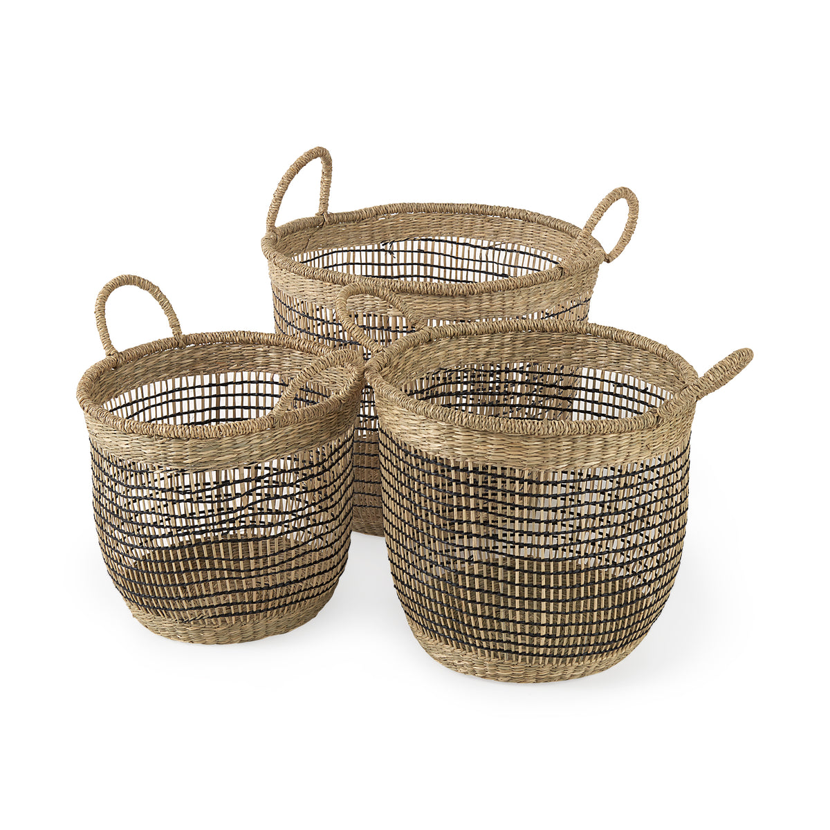 Triopas 15.7L x 15.7W x 13.4H (Set of 3) Medium Brown Seagrass Round Basket W/ Handles from Mercana - Luna Furniture