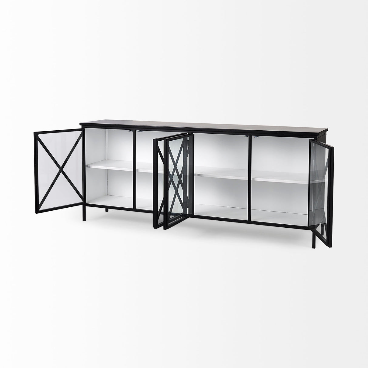 Aurelia 79.0L x 16.0W x 33.0H Black and White Metal Four Door Glass Cabinet from Mercana - Luna Furniture