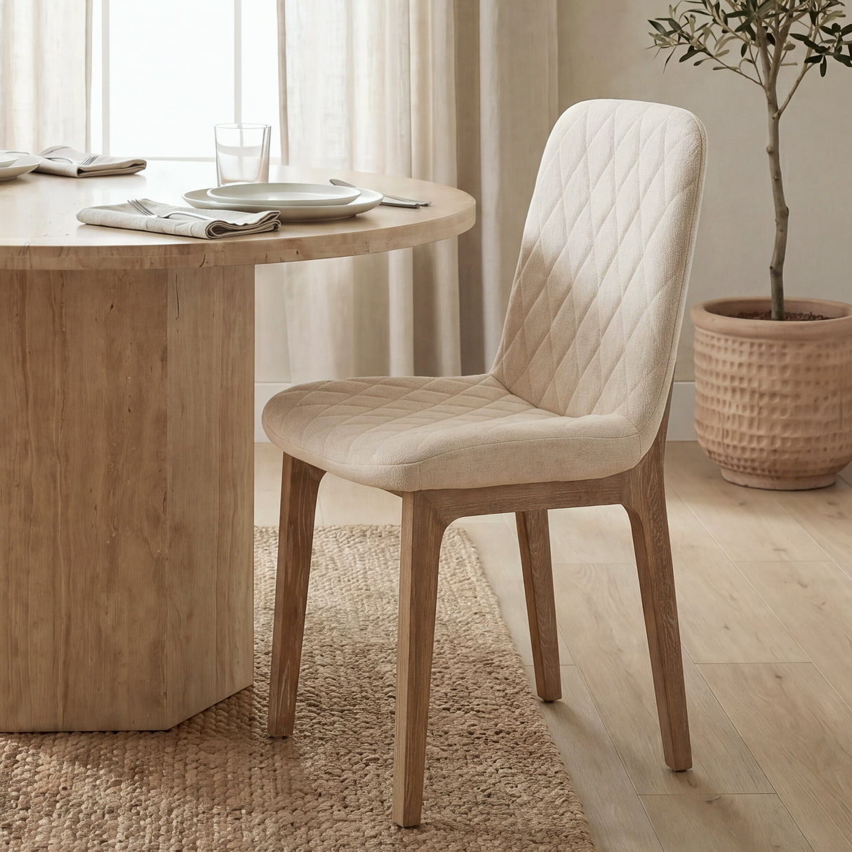 David Diamond Tuffed Cream Fabric Wrap Brown Wood Base Dining Chair, Set of 2 from Mercana - Luna Furniture