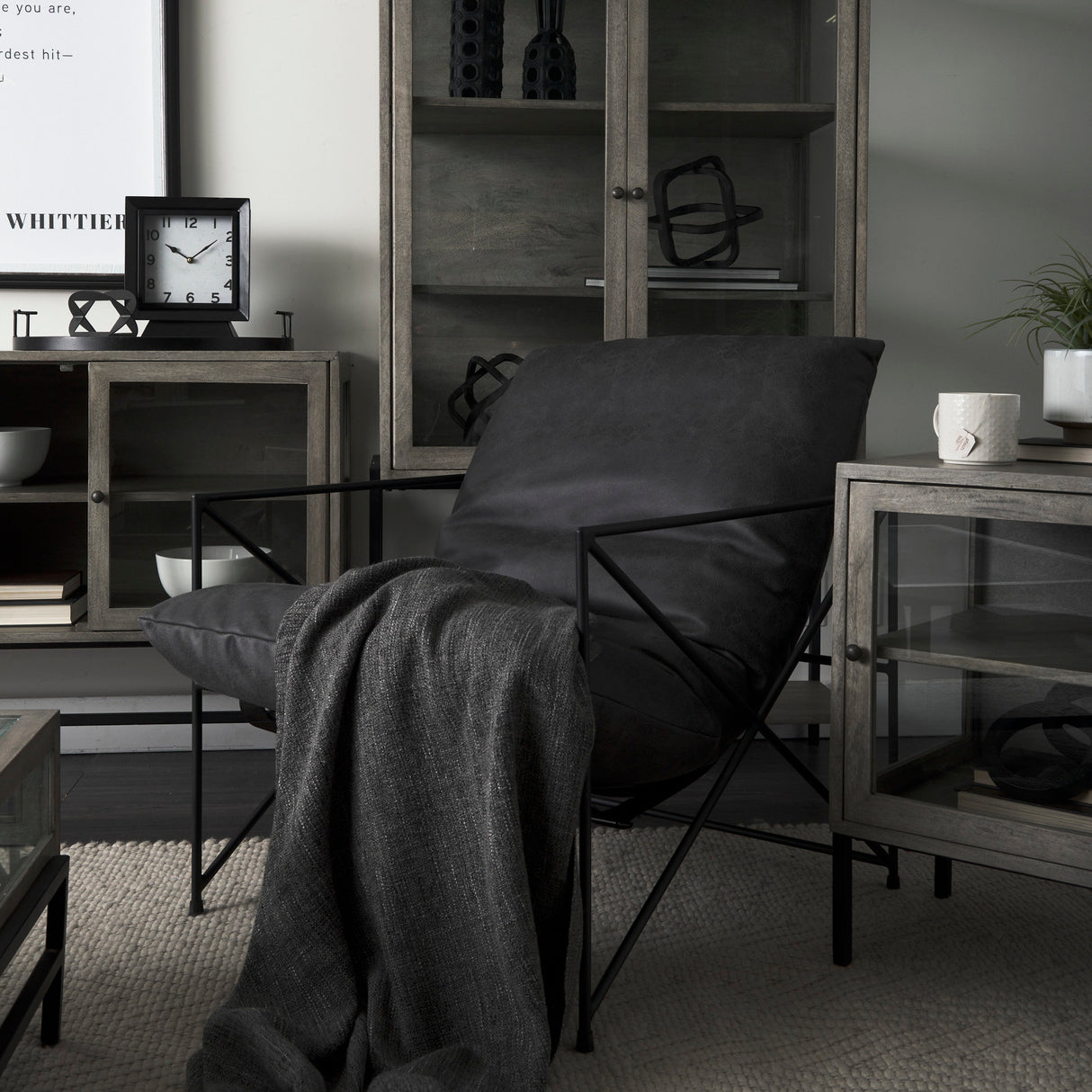 Leonidas 28.5L x 29.5W x 34.0H Black Faux Leather Seat W/ Black Metal Frame Accent Chair from Mercana - Luna Furniture