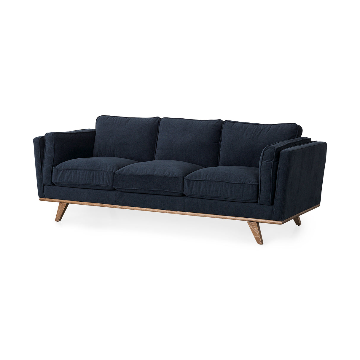 Brooks 90.2L x 34.8W x 33.5H Navy Blue Fabric Three Seater Sofa W/ Medium Brown Wooden Legs from Mercana - Luna Furniture