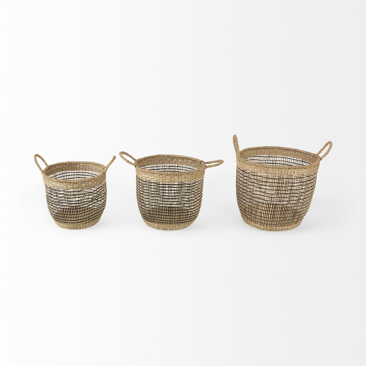 Triopas 15.7L x 15.7W x 13.4H (Set of 3) Medium Brown Seagrass Round Basket W/ Handles from Mercana - Luna Furniture