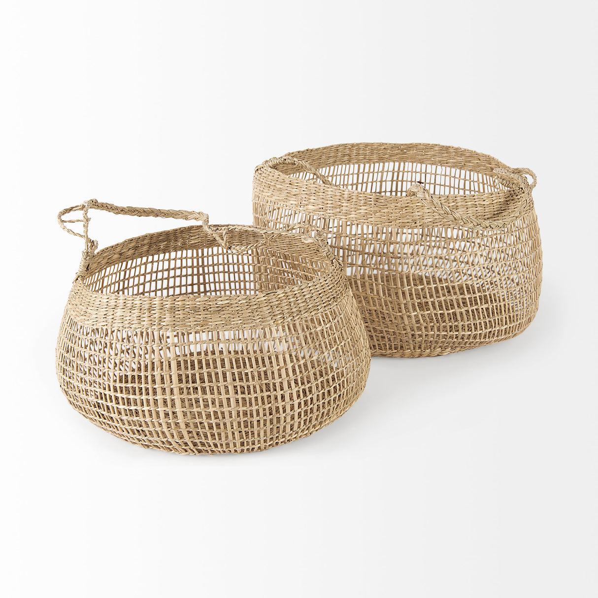 Nova 15.0L x 15.0W x 9.4H (Set of 2) Light Brown Seagrass Woven Round Basket W/ Long Handle from Mercana - Luna Furniture