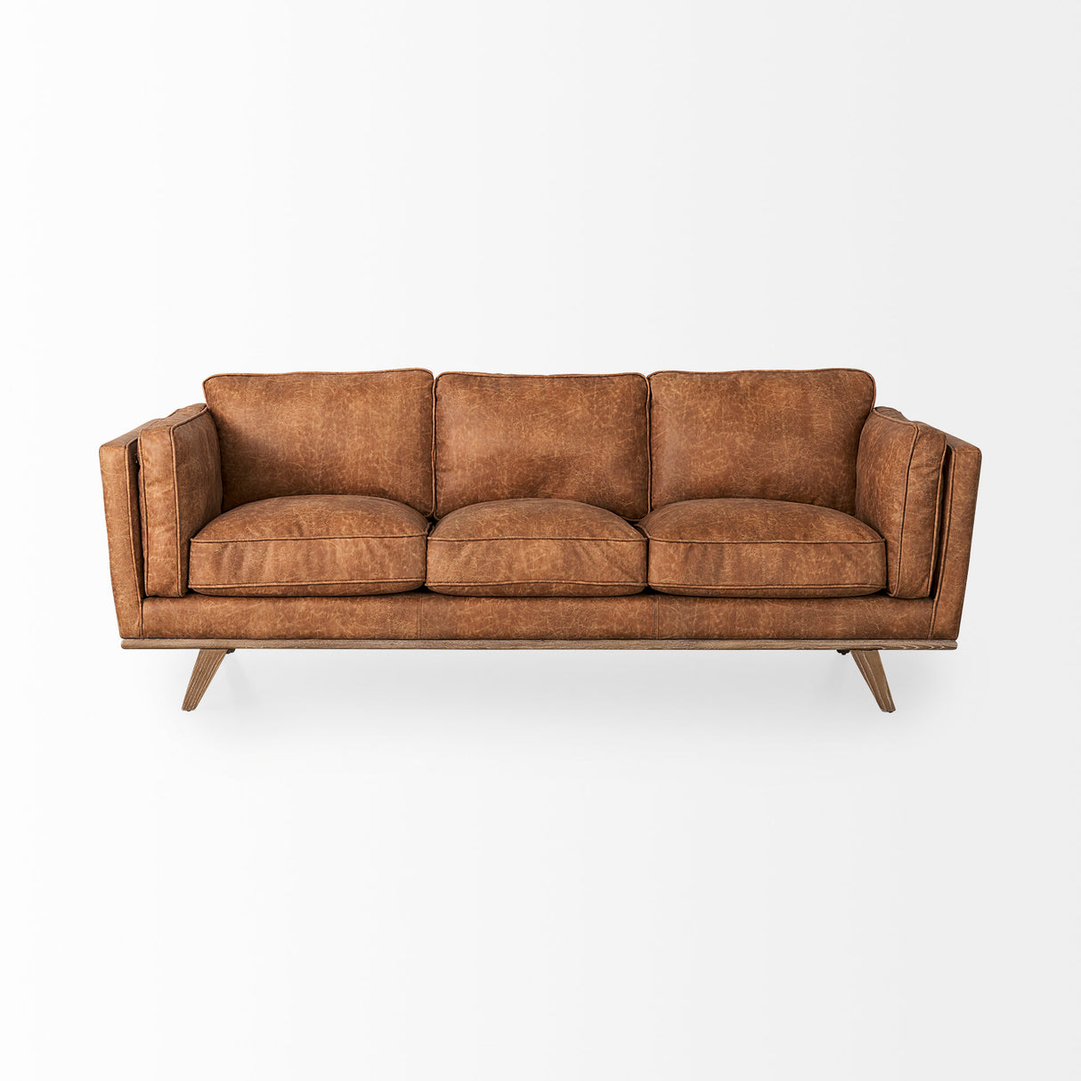 Brooks 90.2L x 34.8W x 33.5H Cognac Brown Faux Leather Three Seater Sofa W/ Medium Brown Wooden Legs from Mercana - Luna Furniture