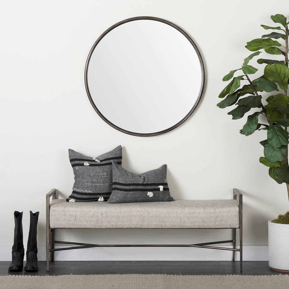 Sibyl 18L x 18W Black Fabric Striped and White Fringed Decorative Pillow Cover from Mercana - Luna Furniture