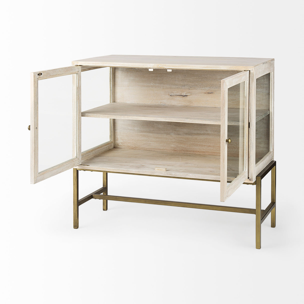 Arelius 36L x 18W x 32H White Wood, Gold Metal Base w/ 2 Glass Doors Accent Cabinet from Mercana - Luna Furniture