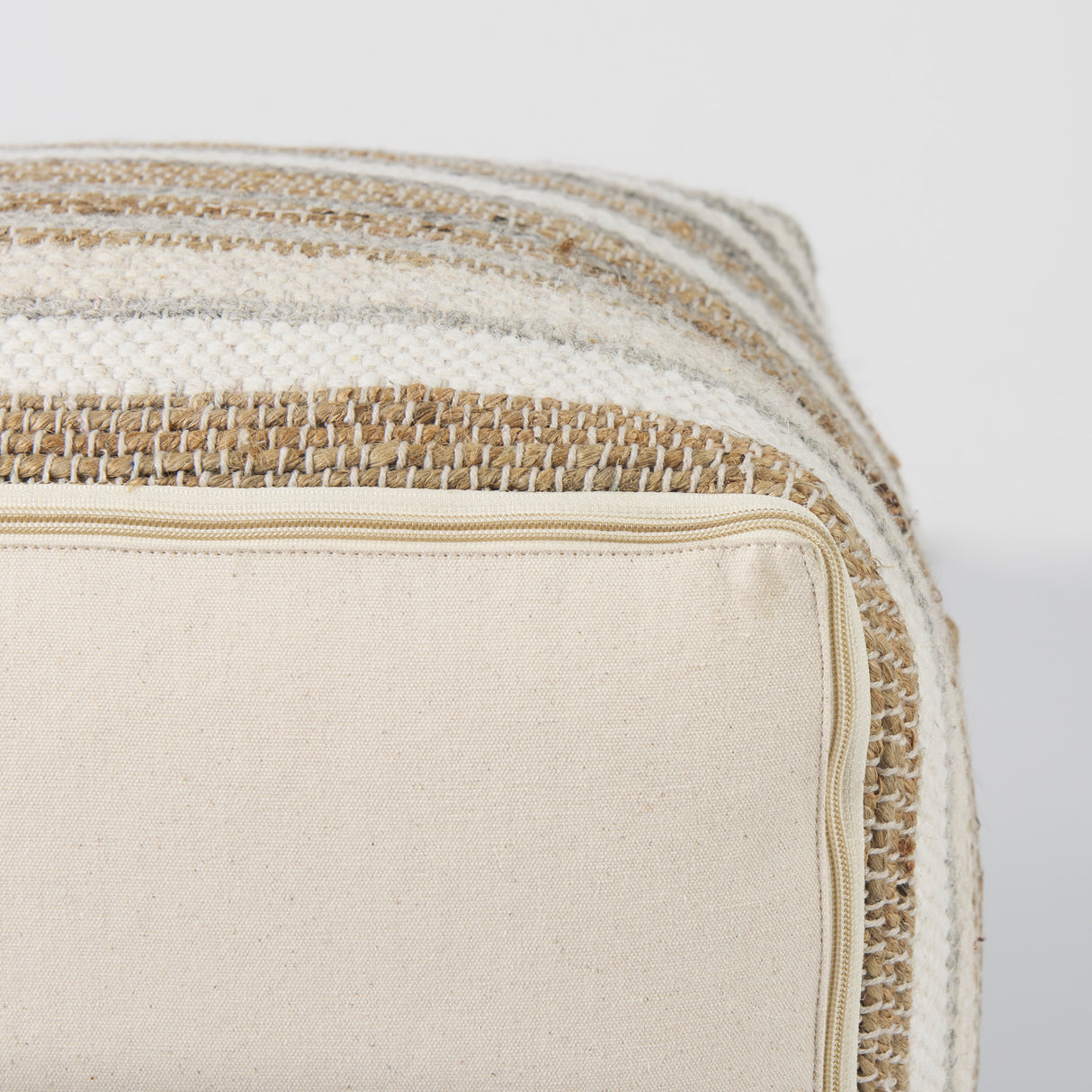 Aahana 16.0L x 16.0W x 16.0H White/Taupe/Gray Striped Hemp and Cotton Pouf from Mercana - Luna Furniture
