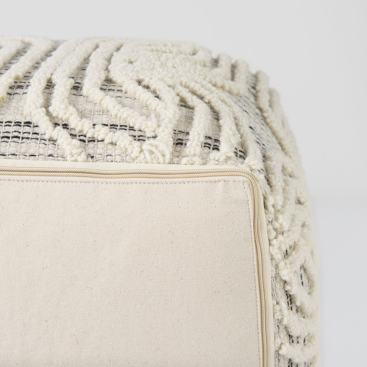 Amaya 16.0L x 16.0W x 16.0H Cream/Black/Gray Wool and Cotton Pouf from Mercana - Luna Furniture