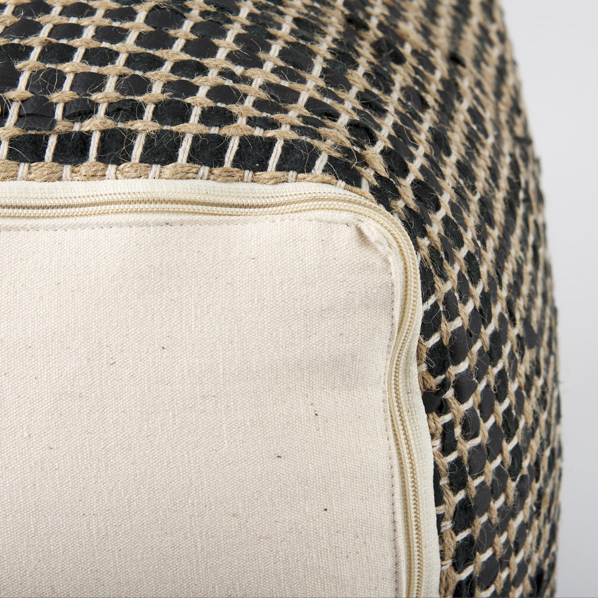 Aalia 16.0L x 16.0W x 16.0H Charcoal Leather and Jute Pouf from Mercana - Luna Furniture