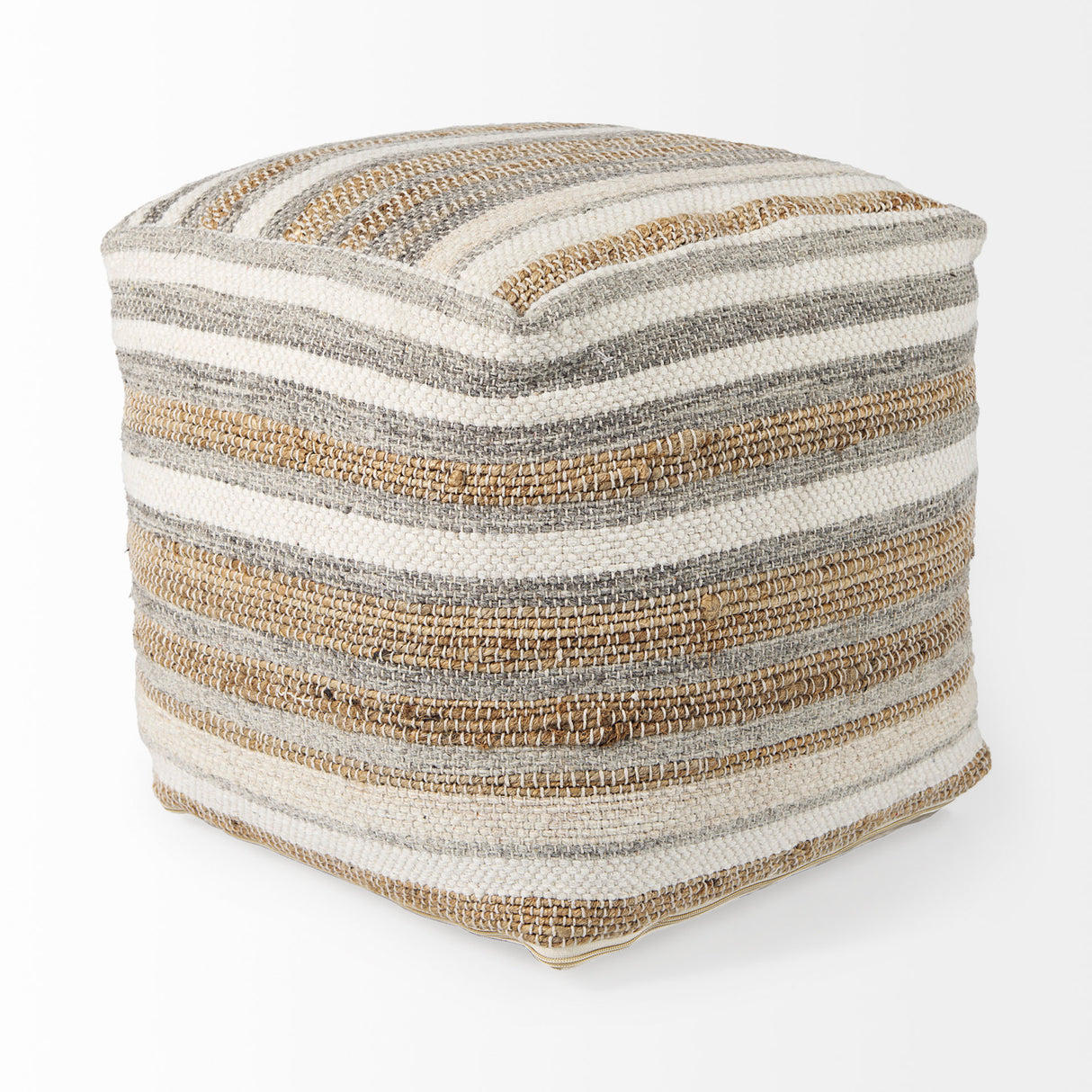 Aahana 16.0L x 16.0W x 16.0H White/Taupe/Gray Striped Hemp and Cotton Pouf from Mercana - Luna Furniture