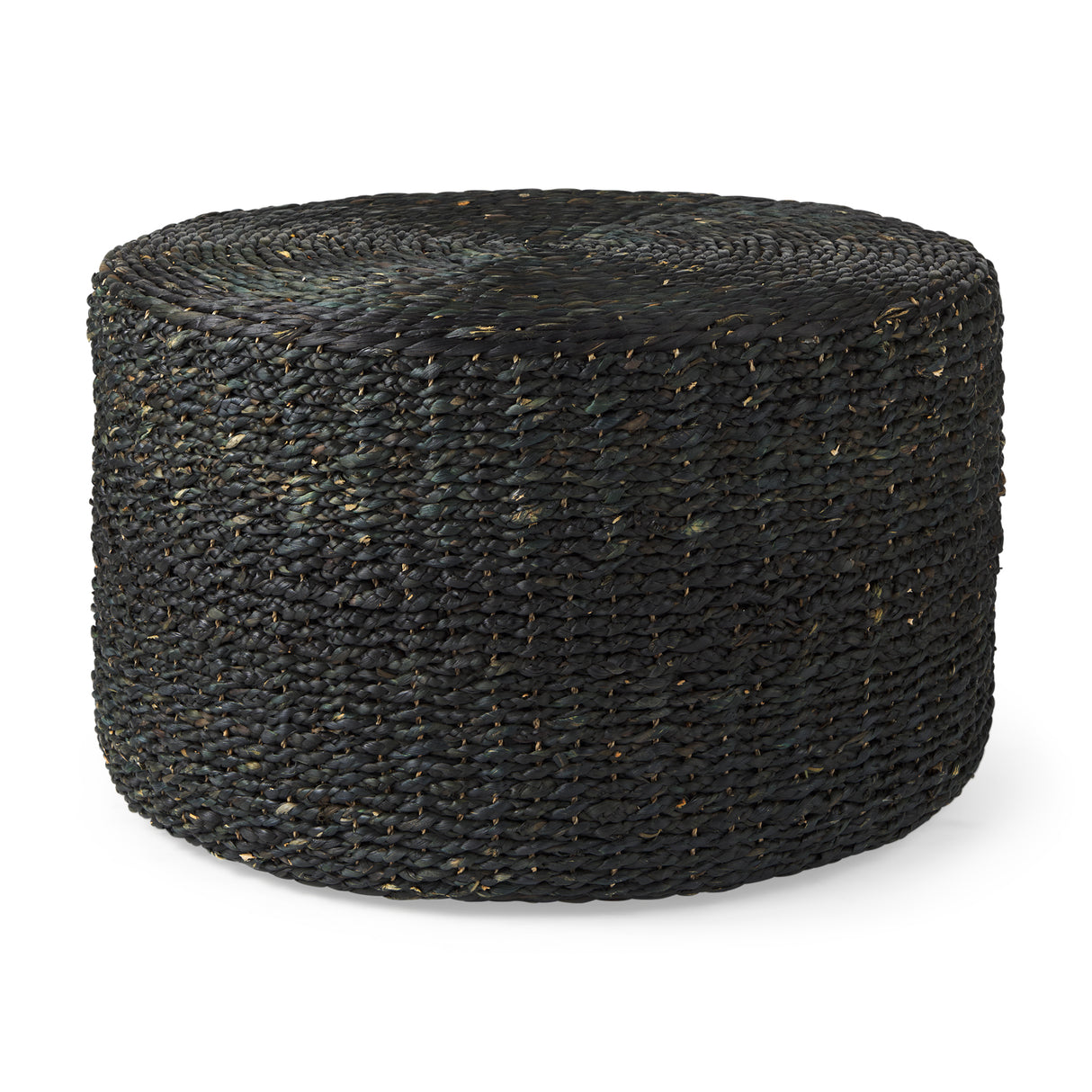 Dina 75L x 75W x 45H Black Cornhusk and Water Hyacinth Round Coffee Table Pouf from Mercana - Luna Furniture