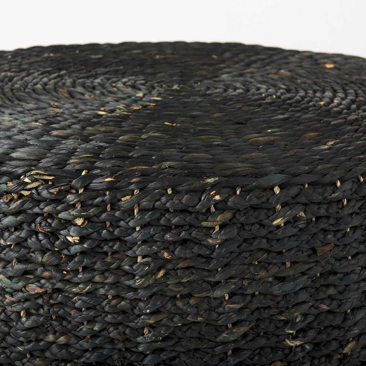 Dina 75L x 75W x 45H Black Cornhusk and Water Hyacinth Round Coffee Table Pouf from Mercana - Luna Furniture