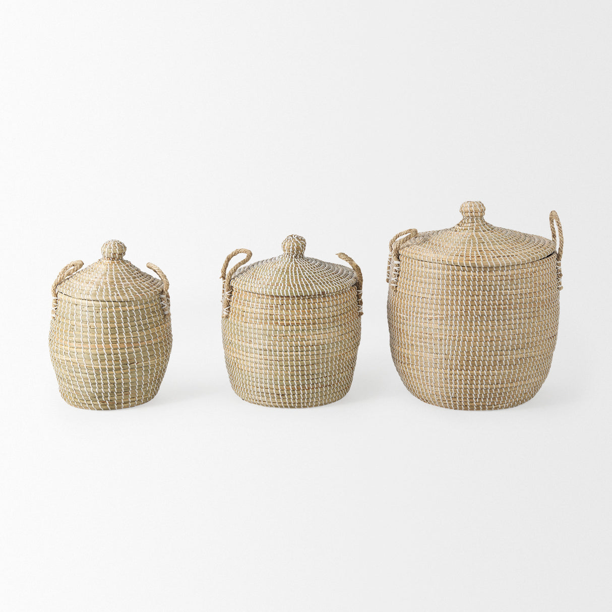 Olivia 15.7L x 15.7W x 17.3H Set of 3 Beige Seagrass Basket W/Lid and Handles from Mercana - Luna Furniture