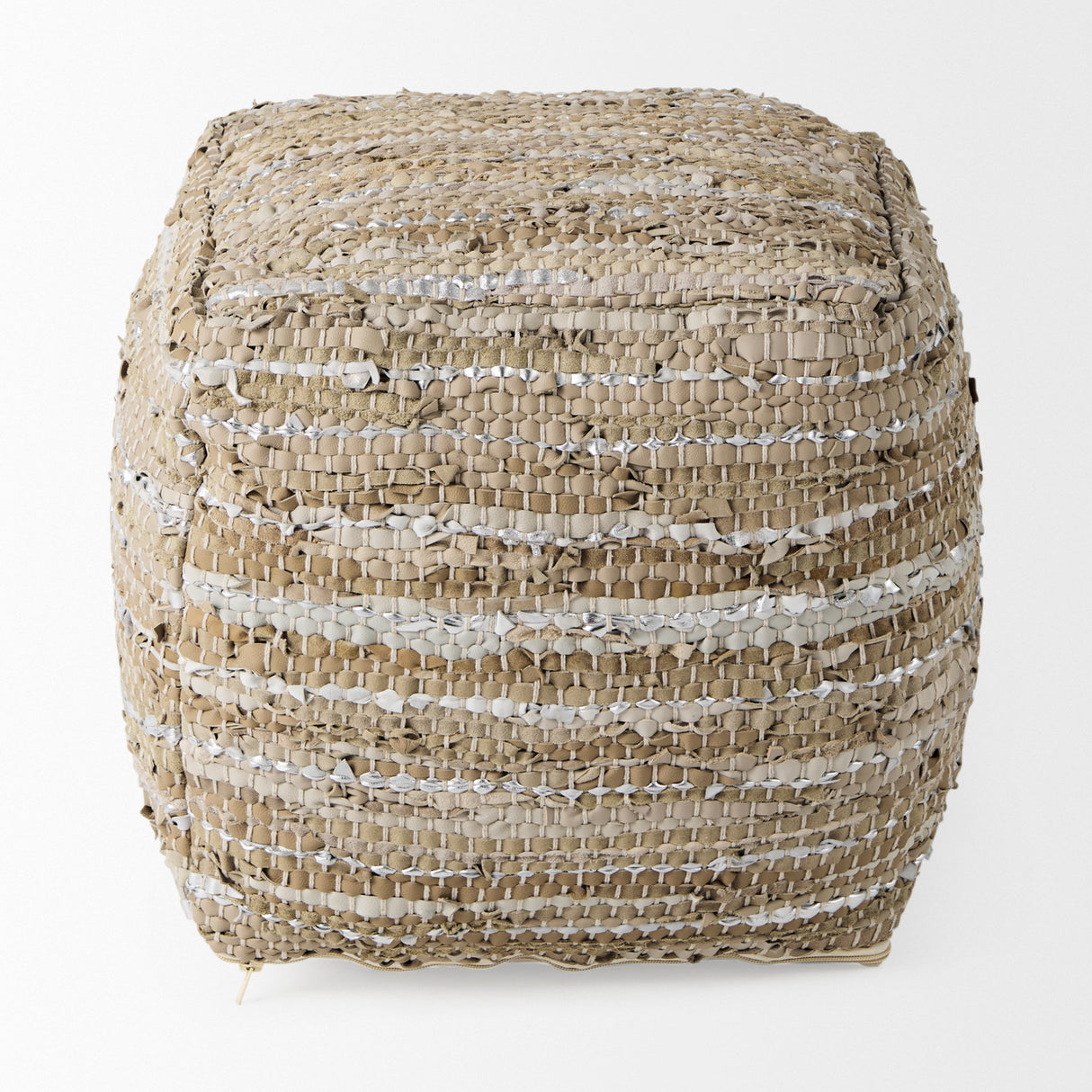 Aadhya 16.0L x 16.0W x 16.0H Taupe/Silver Leather and Cotton Pouf from Mercana - Luna Furniture