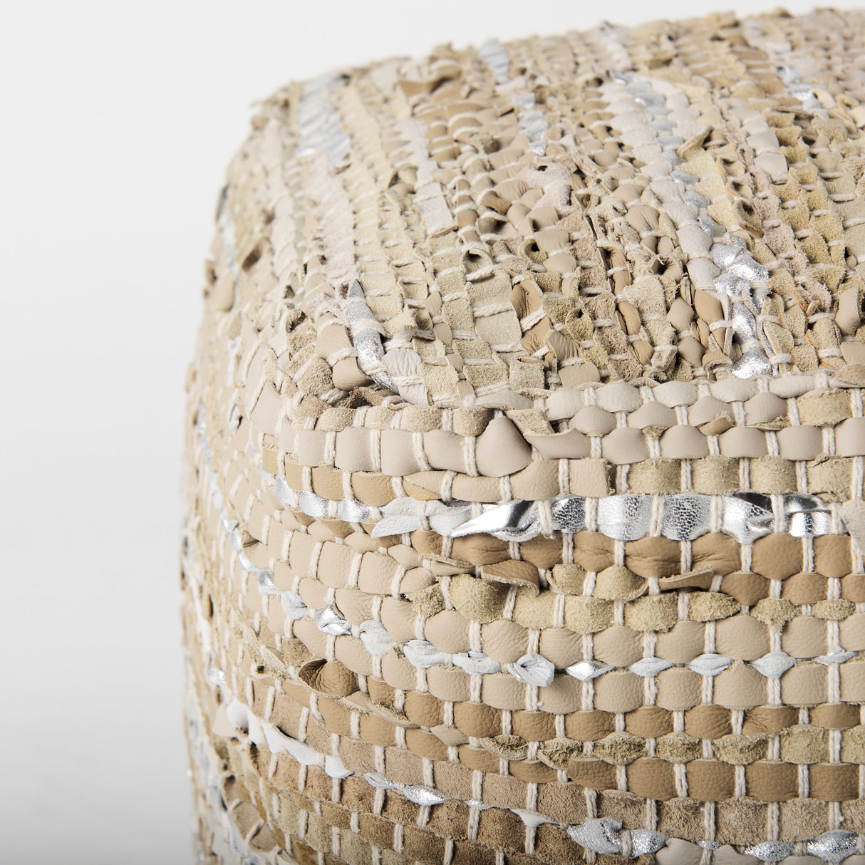 Aadhya 16.0L x 16.0W x 16.0H Taupe/Silver Leather and Cotton Pouf from Mercana - Luna Furniture