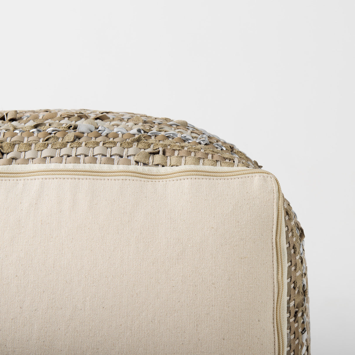 Aadhya 16.0L x 16.0W x 16.0H Taupe/Silver Leather and Cotton Pouf from Mercana - Luna Furniture