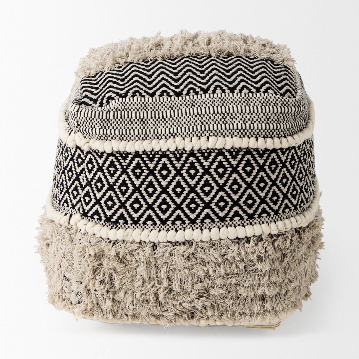 Darika 16.0L x 16.0W x 16.0H Black/White/Gray Cotton Pouf from Mercana - Luna Furniture