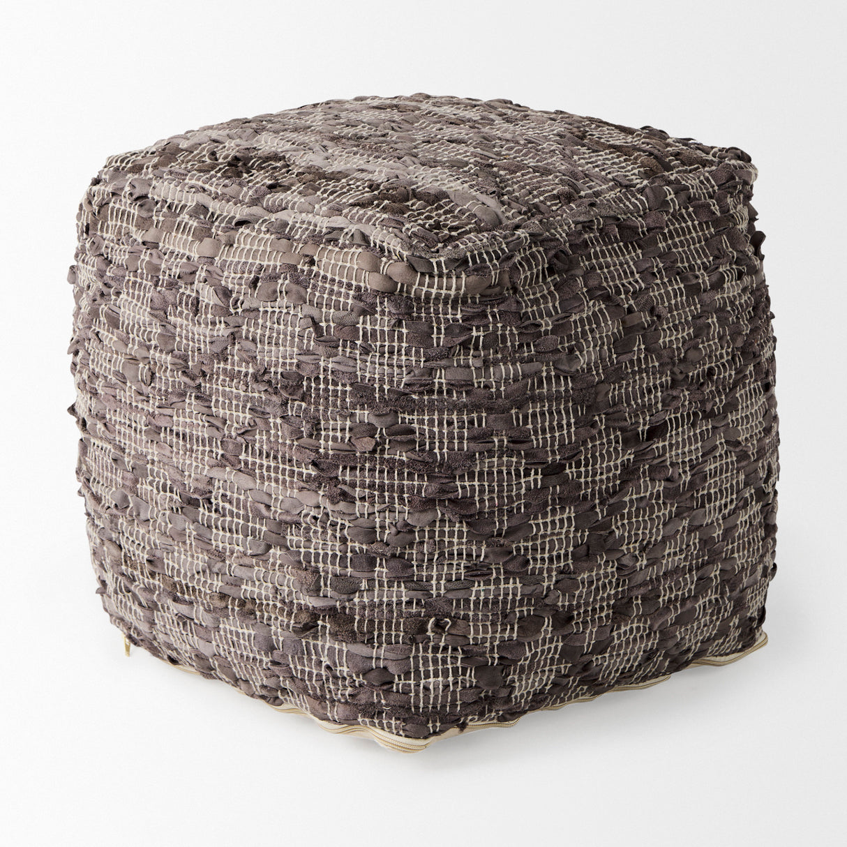Falguni 16.0L x 16.0W x 16.0H Gray Leather and Cotton Patterned Pouf from Mercana - Luna Furniture