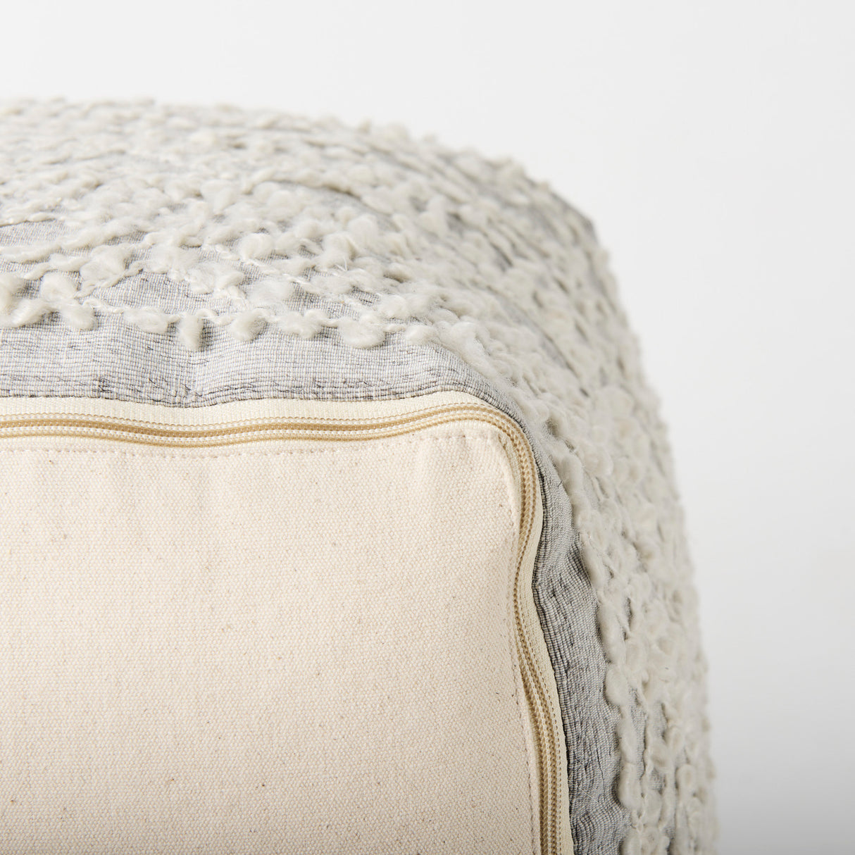 Farida 6.0L x 16.0W x 16.0H Light Gray Wool and Polyester Patterned Pouf from Mercana - Luna Furniture