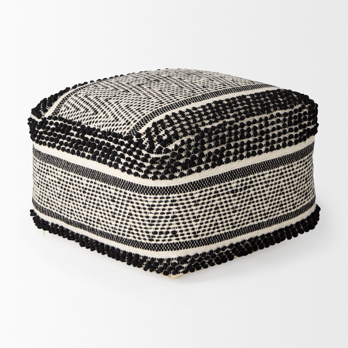 Garima 22.0L x 22.0W x 14.0H Black/White Wool and Cotton Patterned Pouf from Mercana - Luna Furniture