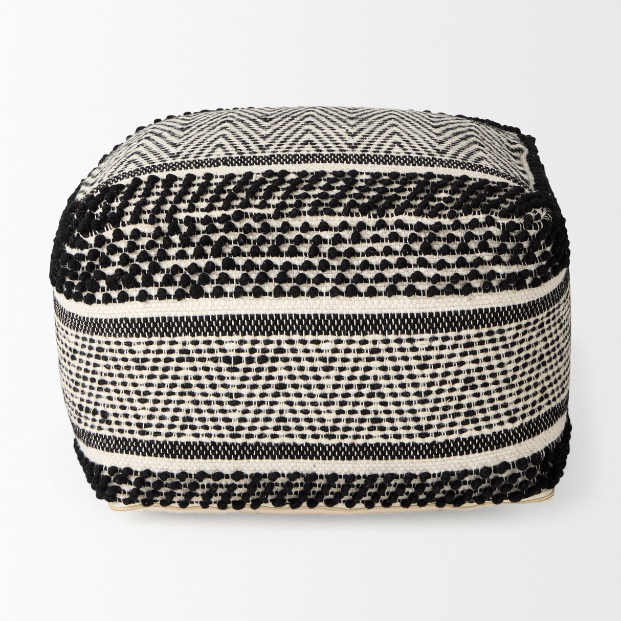 Garima 22.0L x 22.0W x 14.0H Black/White Wool and Cotton Patterned Pouf from Mercana - Luna Furniture