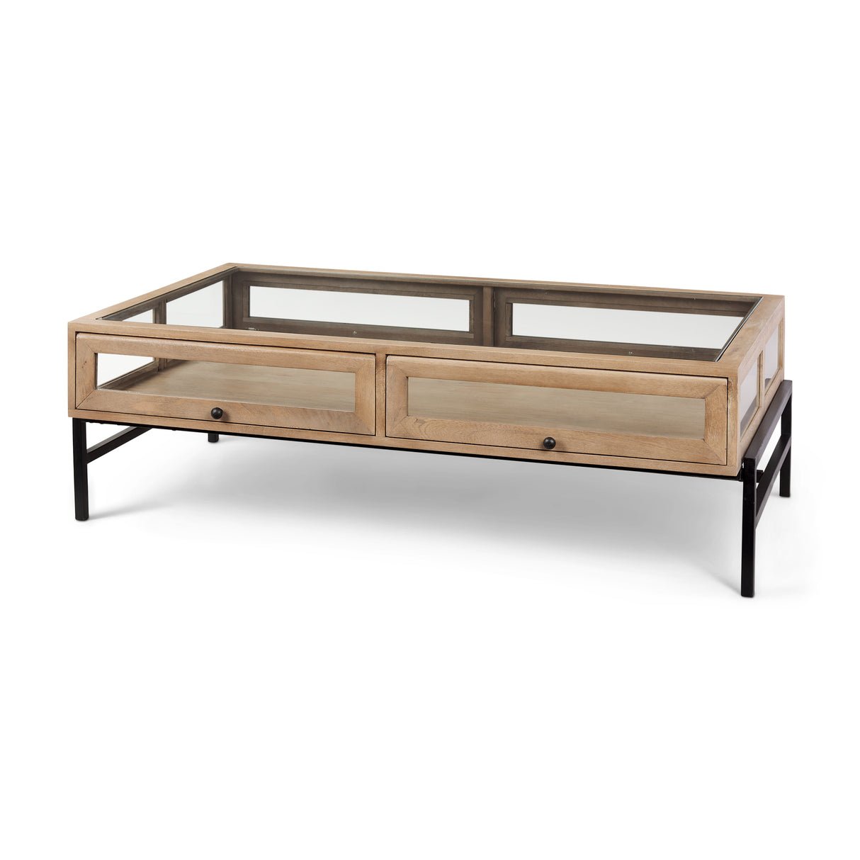 Arelius 42"L Rectangular Light Brown Wood w/ Black Metal Base Display Coffee Table from Mercana - Luna Furniture