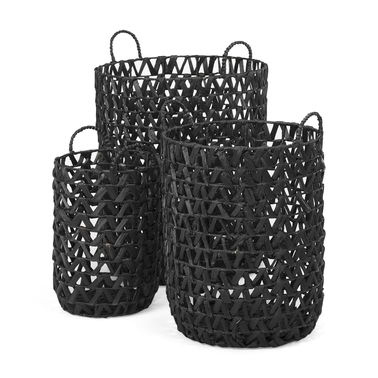 Lola (Set of 3) Black Water Hyacinth Zig Zag Weave Round Basket W/ Handles from Mercana - Luna Furniture
