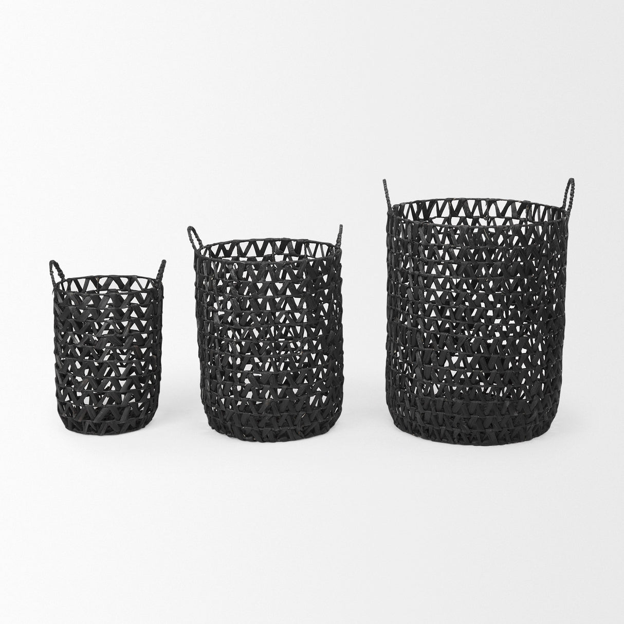 Lola (Set of 3) Black Water Hyacinth Zig Zag Weave Round Basket W/ Handles from Mercana - Luna Furniture