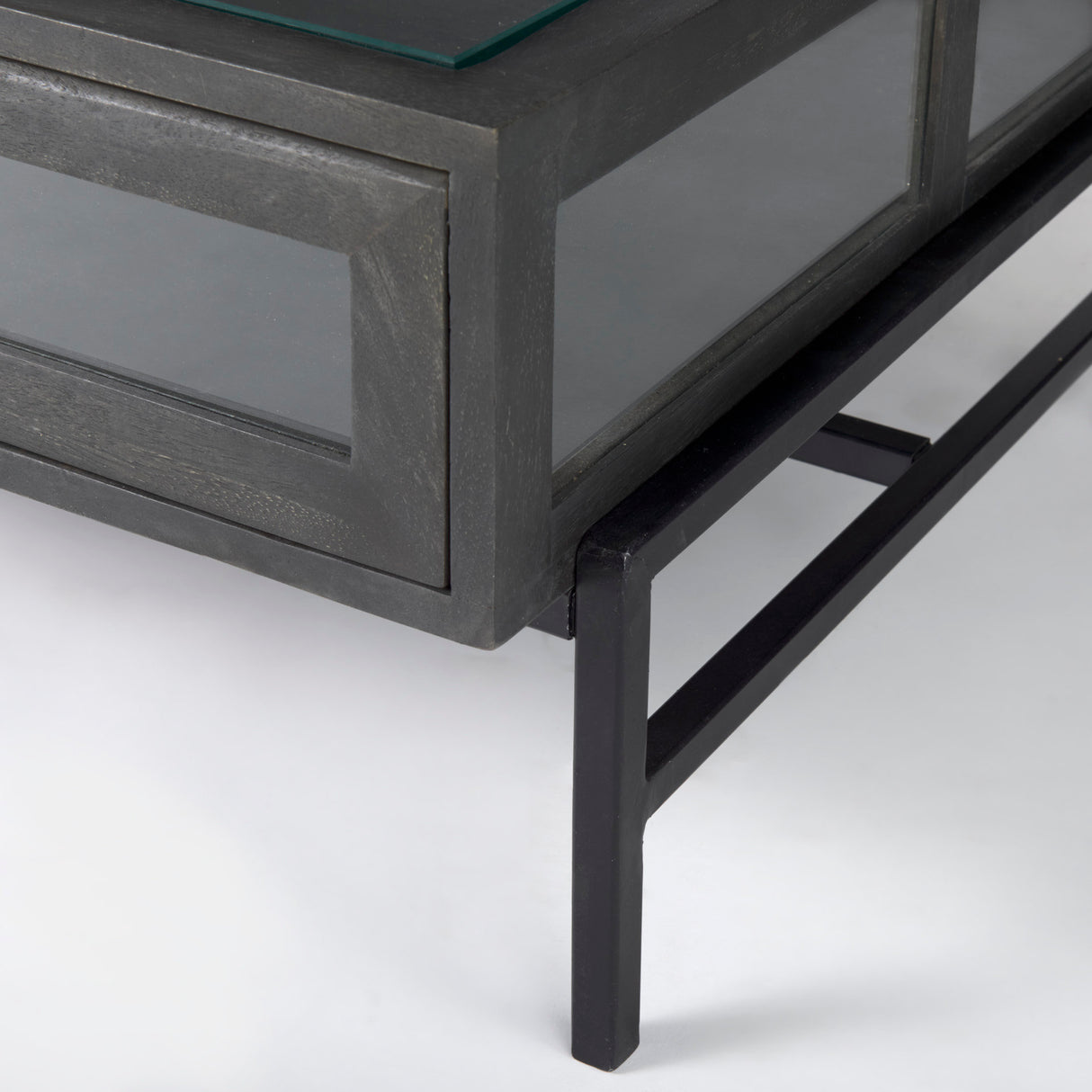 Arelius 42"L Rectangular Glass-Top Black-Brown Wood w/ Black Metal Base Display Coffee Table from Mercana - Luna Furniture